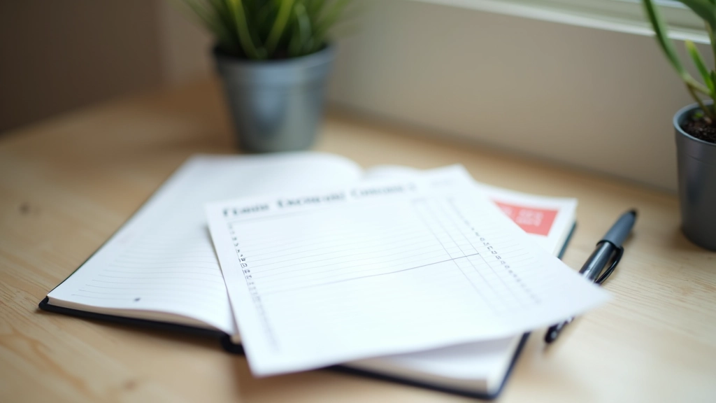 Notebook with expense tracking and pen on wooden table with morning light