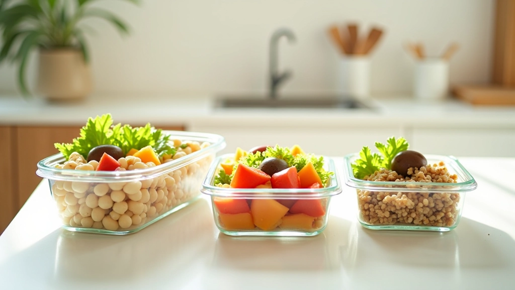 Glass containers with prepared meal portions arranged on kitchen counter ready for the week