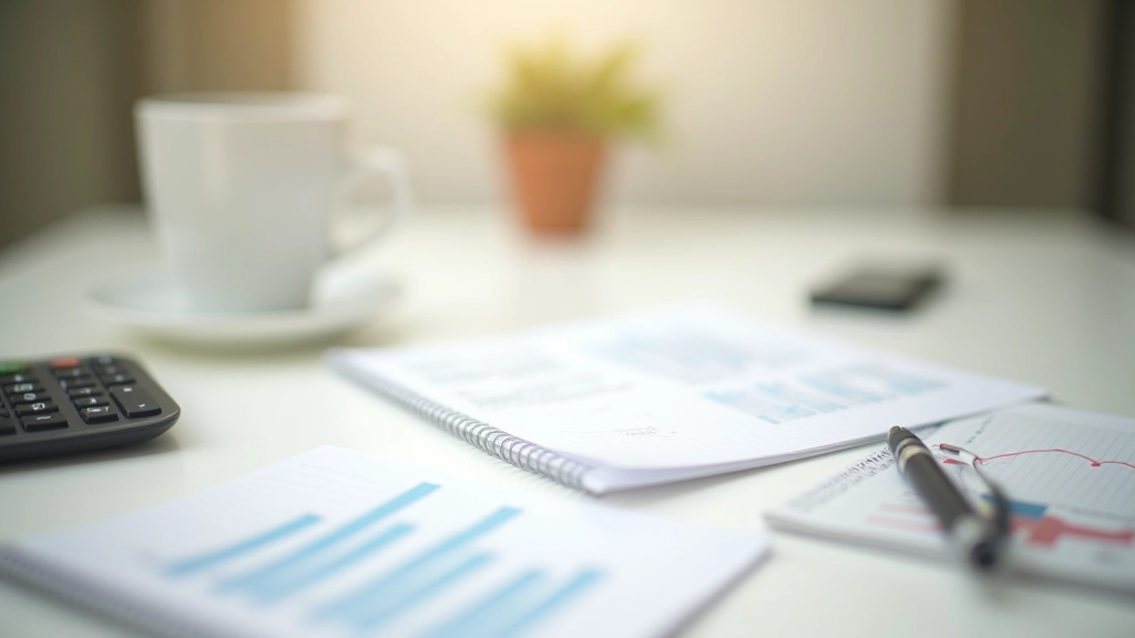 Financial planning workspace with notebook and charts on modern desk